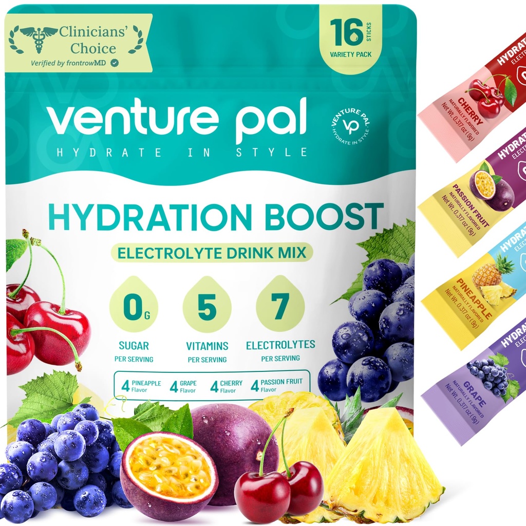 Venture Pal Sugar Free Electrolyte Powder Packets - Liquid Daily IV Drink Mix for Rapid Hydration & Party Recovery 124; 5 Vitamíny & 7 Electrolytes 124; Keto Friendly French 124; Non- GMO French 124; Certified Vegan French 124; 16 Sticks
