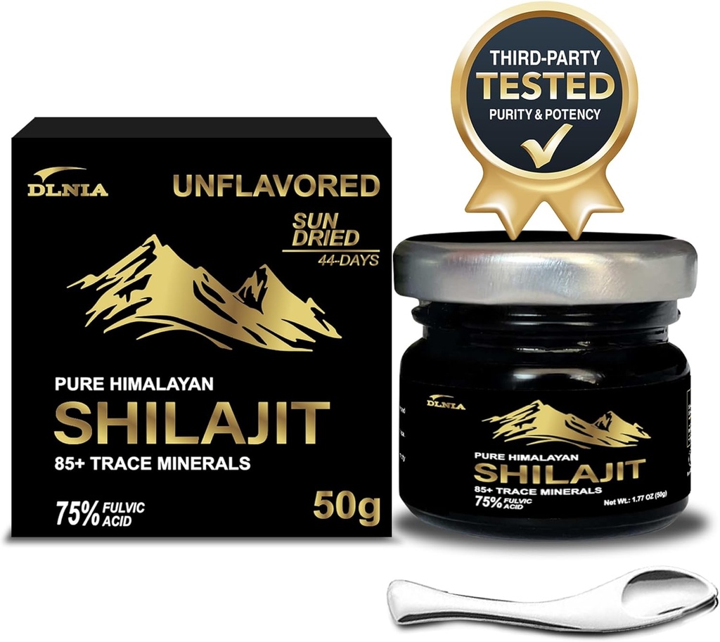 Autentické Shilajit Pure Himalayan Organic Shilajit Resin- Gold + Stupeň s 85 + stopové minerály s 75% Fulvic Acid, Celková energie a imunitní podpora, Pure Shilajit pro muže a ženy, 50g