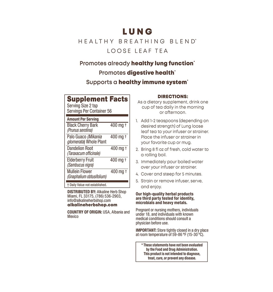 Alkalické Herb Shop - Happy Lung Tea Supplement - Made With Natural Wildcrafted Herbs - Mullein, Elderberry, Dandelion Root, Wild Cherry Bark. & Guaco - Vegan - Gluten- Free - 4 Oz Loose Leaf Herbal Tea