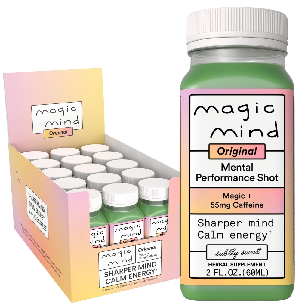 Magic Mind Energy And Focus Drink Shots - Stress Relieving, No Jitters, Ashwagandha, Vitamin B12, Vitamin C, Matcha Green Tea, Functional Houby - 2 FL Oz (15 Pack)