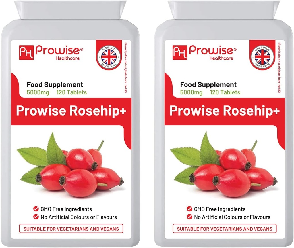 Rosehip Health + (balení po 2) 5000mg 120 tablet - britská vyrobená GMP Zaručená kvalita - Vhodné pro vegetariány a vegany od Prowise Healthcare