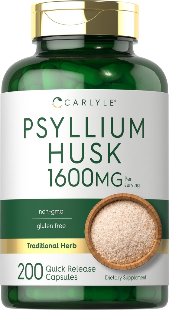 Carlyle Psylium Husk Kapsle 1600mg Capsle 124; 200 Počet 124; High potency Fiber Dodatek 124; Non- GMO, gluten zdarma