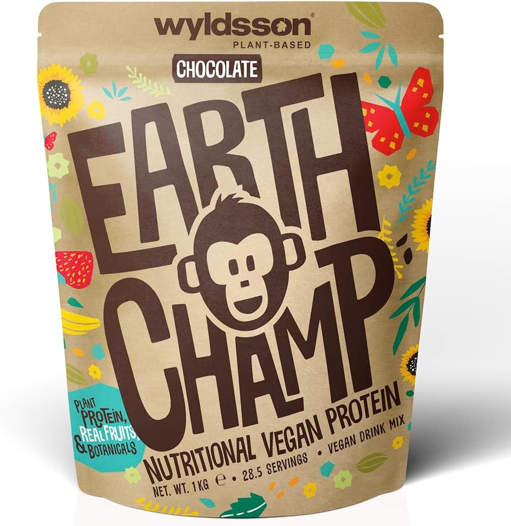 Veganský proteinový prášek (1kg) - 28 Služeb - EarthChamp by Wyldsson - Plant Based Chocolate Protein Powder Shake - Dairy Free - Lactosa Free (Choc)