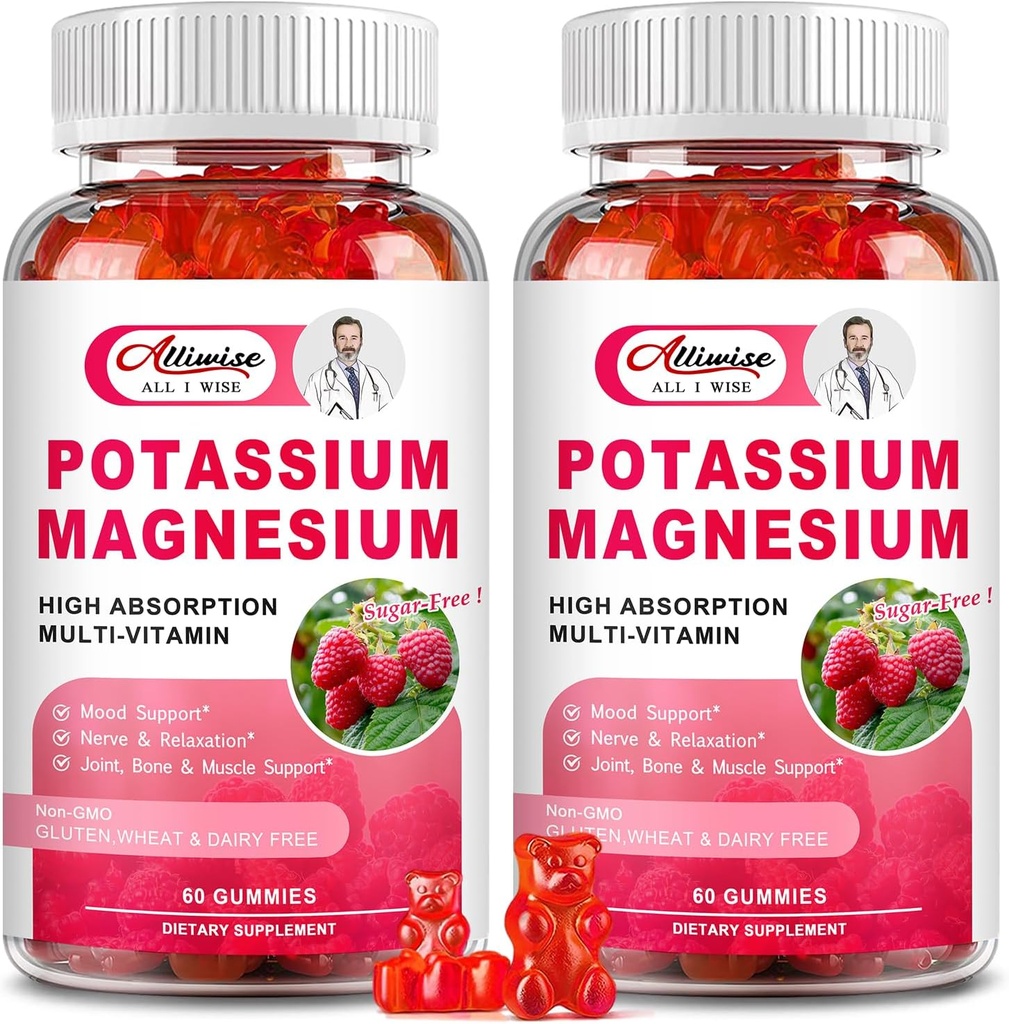 2 Pack Draslík Magnesium Dodatek Gummie - Citrát draselný & Magnesium Glycinát pro nohy křeče & svalů, Mood & Relaxation, Energy Support with Vitamin B6, D3, C Malina Flavor