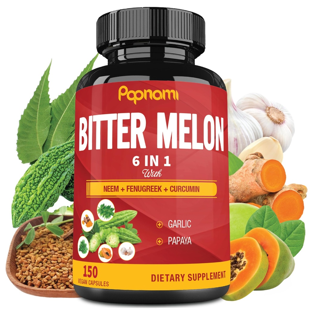Organic Bitter Melon Extract Kapsle - Kombinovaný Neem, Fenugreek, Curcumin, Česnek & Papaya - 150 Počet na 5 měsíců - Podporuje tělo, trávicí, kůže, imunitní a celkové Wellness