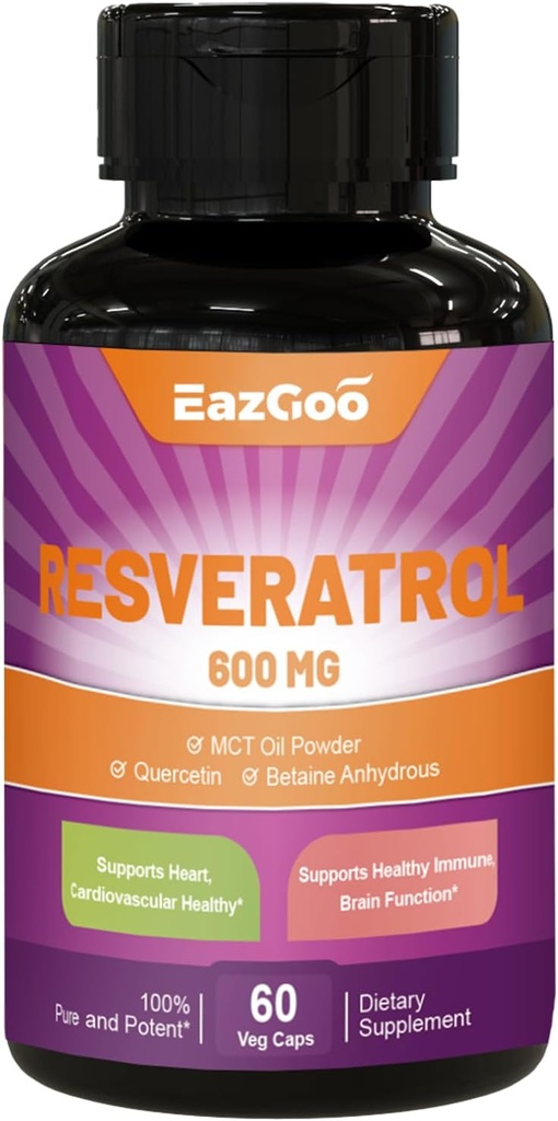 Resveratrol 600 mg, Trans- Resveratrol Supplement, Antioxidant Health Aging Support, 60 Kapsle