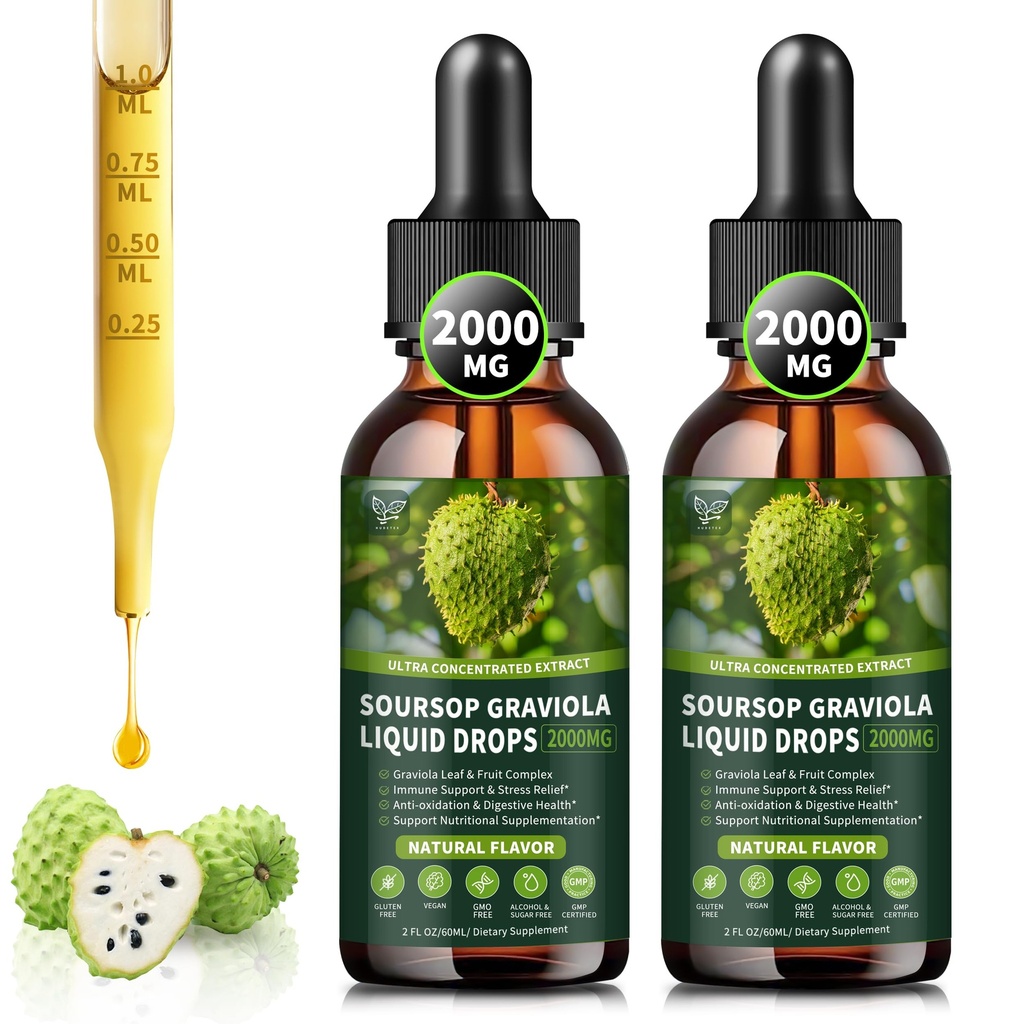 (2 Pack) Soursop Graviola Liquid Drops 2000mg, 98% Absorpce pro buněčnou podporu a regeneraci, Imunite Boost, Játra, Bylinná dobrota, Soursop Bitters Liquid- Sugar / gluten Free, Natural Flavor, 4 Fl Oz