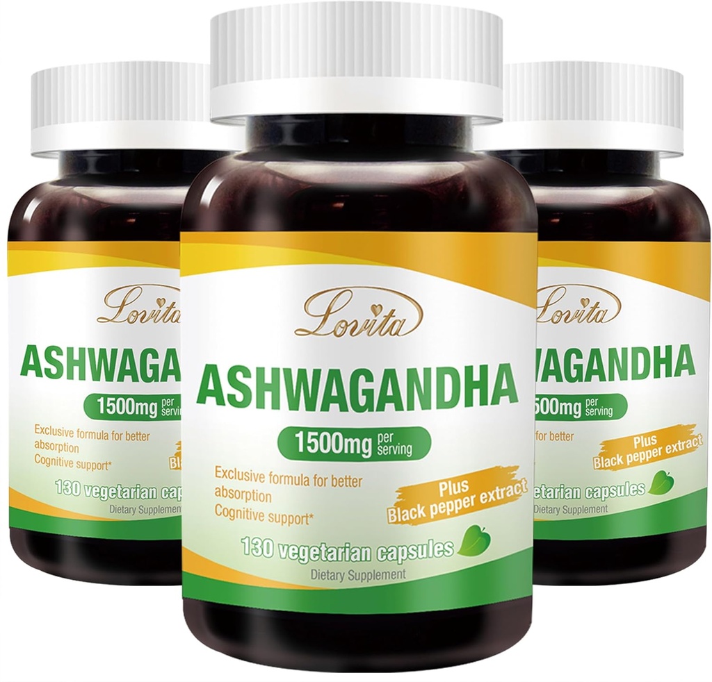 Lovita KSM- 66 Ashwagandha Is124; Vysoce koncentrované 124; 5% Witanolid Is124; 95% Black Pepper Piperine Issin124; Stress Relief & Energy Support Is124; Vegan, Gluten Free Is124; 130 Kapsle (balení po 3)