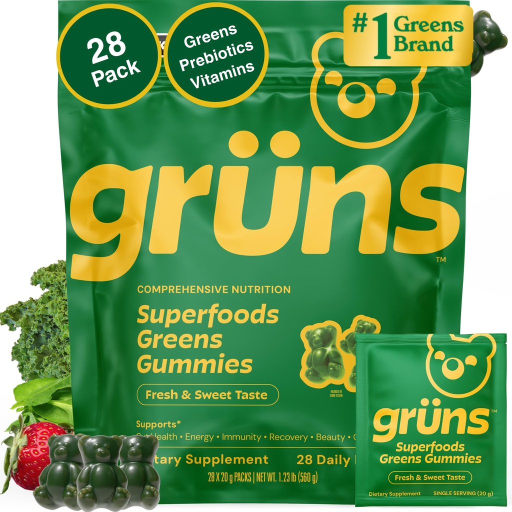 Gruns Adult Super Greens Multivitamin Gummies, Superfood Gummy Vitamíny pro ženy a muže s Spirulina, Chlorella, Adaptogens & Prebiotic Fiber for Digestive Health (28 Počet)