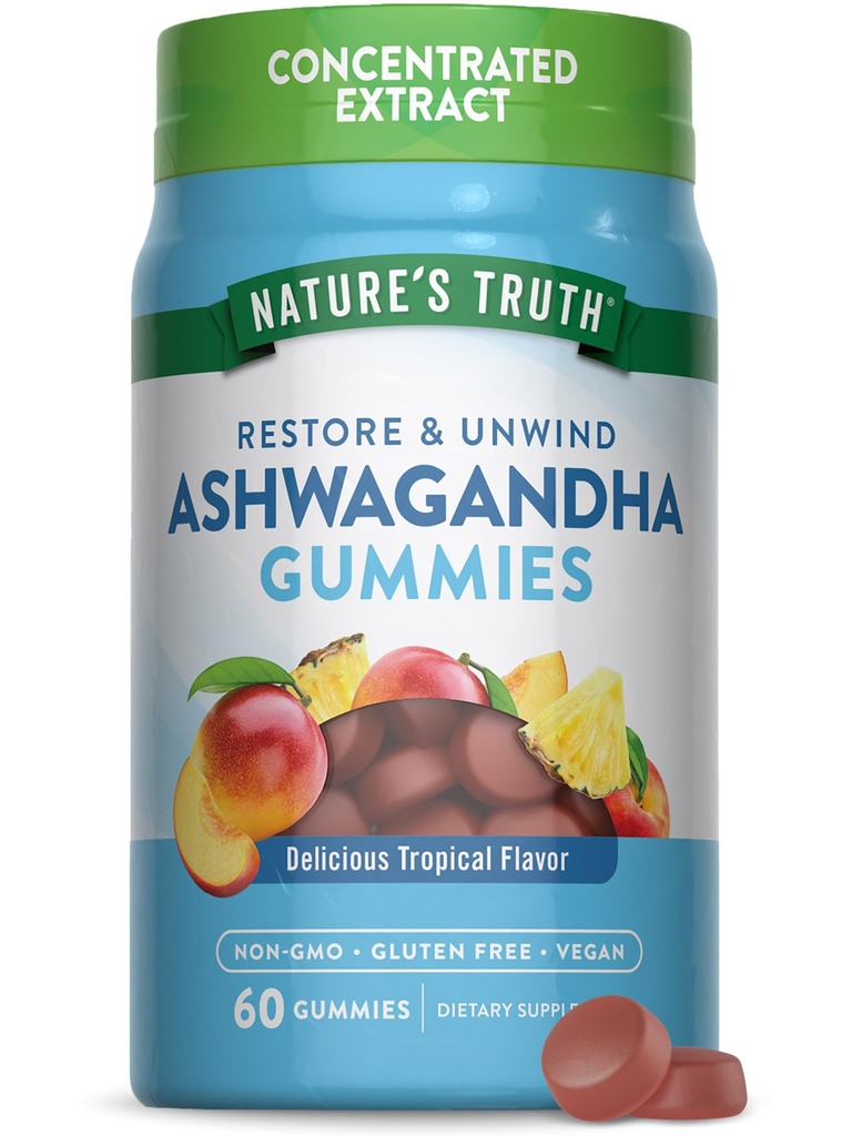 Nature 's Truth Ashwagandha Gummies CLANE124; 60 Count CLANE124; Tropical Flavor CLANE124; Vegan, Non- GMO, & gluten zdarma dodatek