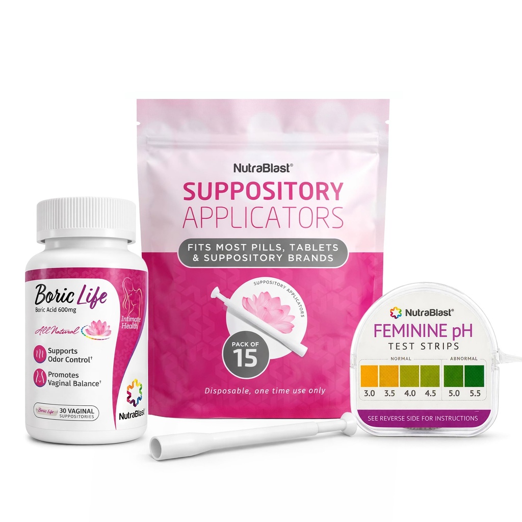 NutraBlast kyselina boritá Vaginální Suppositors 600mg (30 Počet) w / Jednorázové vaginální suppozitory (15- Pack) a Feminin pH Testing Strips 3.0-5.5 (100 Tests Roll)
