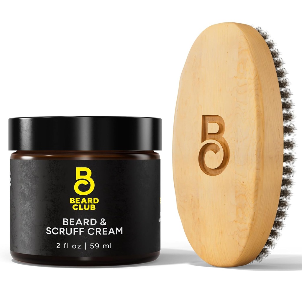 Beard Club Original Beard Cream & Boar Bristle Beard Brush for Men - Moisturising and Hydrating for Health Facial Hair & Skin - Birchwood Beard Brush for Styling & Taming