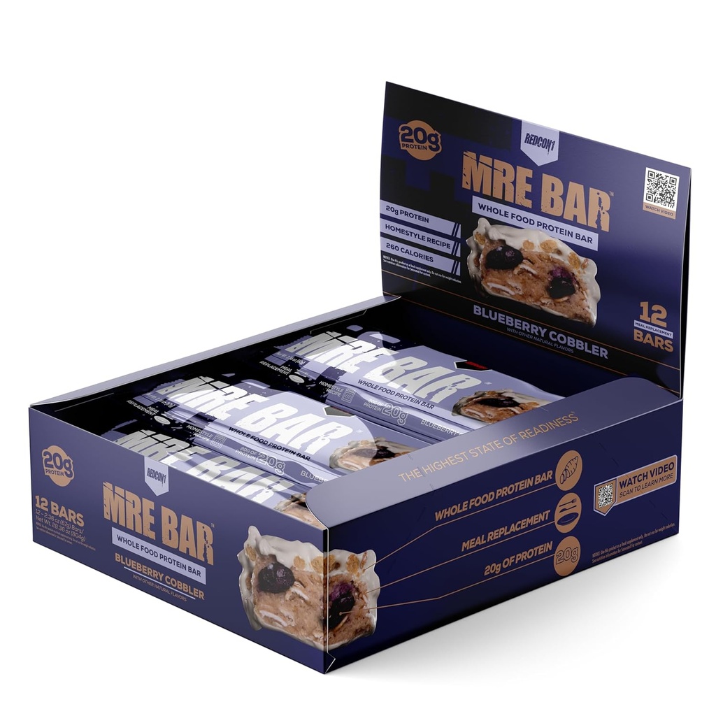 REDCON1 MRE Protein Bar, Borůvkový Cobbler - Obsahuje MCT olej + 20g celopotravinového proteinu - snadno stravitelný, Makro vyvážený nízkocukrový jídelní bar (12 barů)