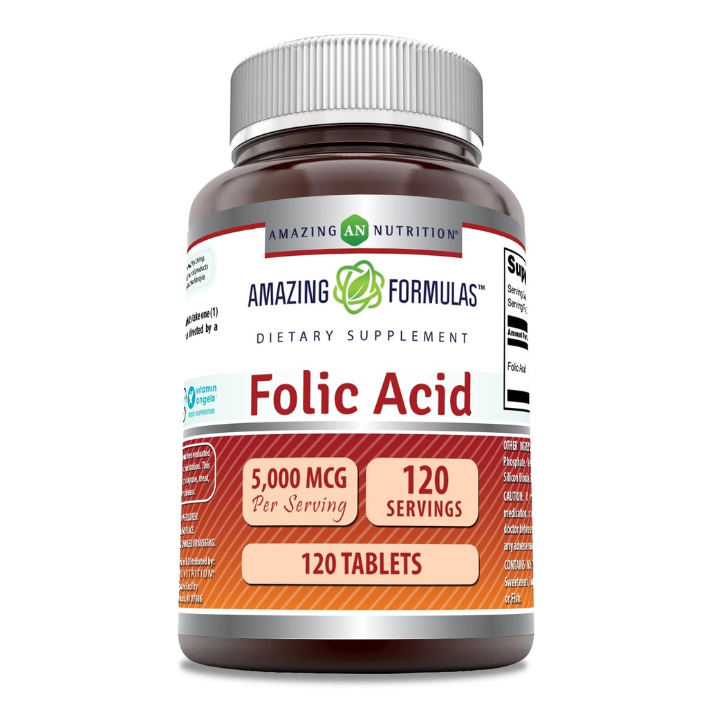 Amazing Appendias Folic Acid (vitamin B9) Doplněk 124; 5000 Mcg per Serving CLAS124; 120 Tablety CLAS124; Non- GMO CLAS124; Gluten- Free CLAS124; Made in USA