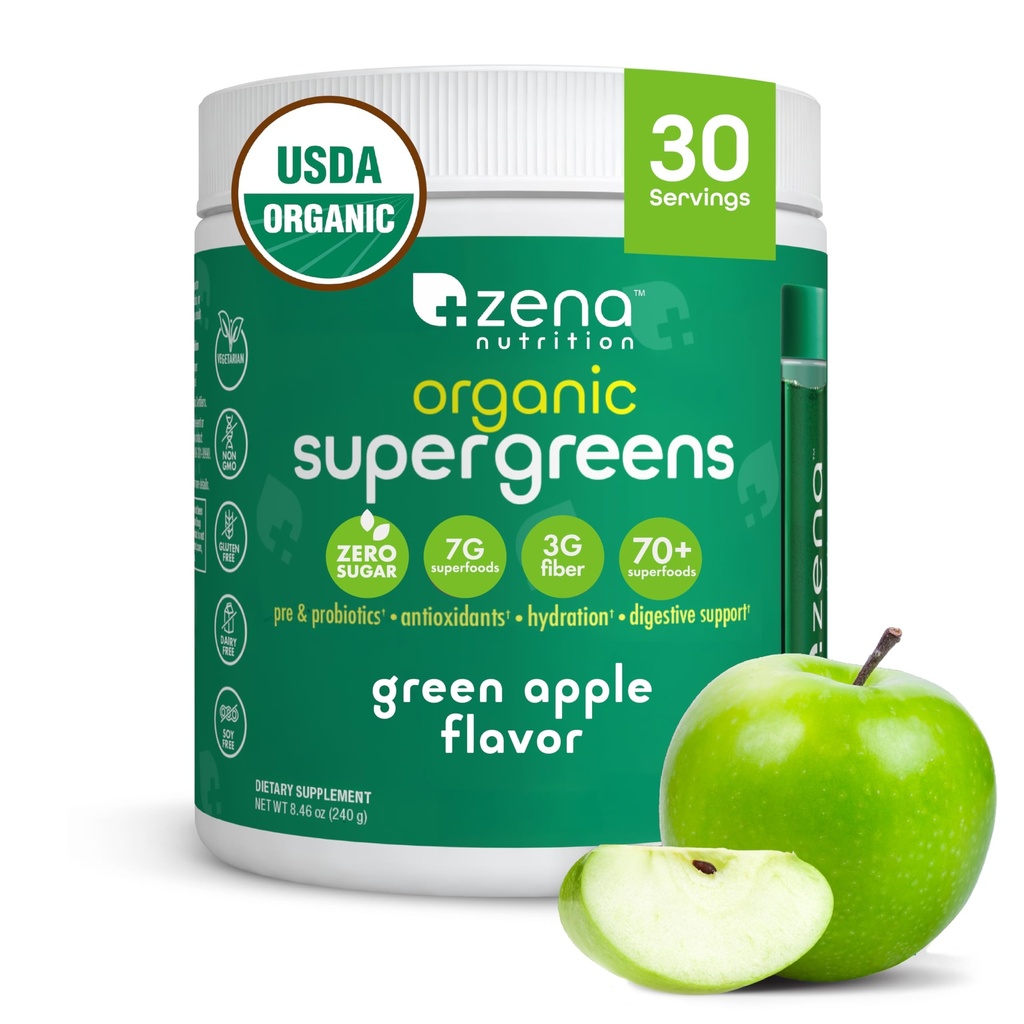 Zena Nutrition Organic Super Green Powder, 70 + Superfoods, 0 Cukr, 3G Fiber, Spirulina, Chlorella, Houby, Prebiotika / Probiotika, Digestive Enzymes for Gut Health, Green Apple, 30 Servings