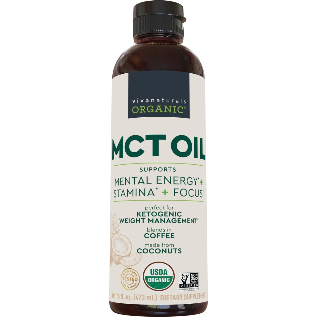 Viva Naturals Organic MCT Olej, 16 fl oz - MCT Oil for Coffee, USDA Organic, Non- GMO, Paleo Certified & Keto Friendly, Podporuje energii a duševní jasnost