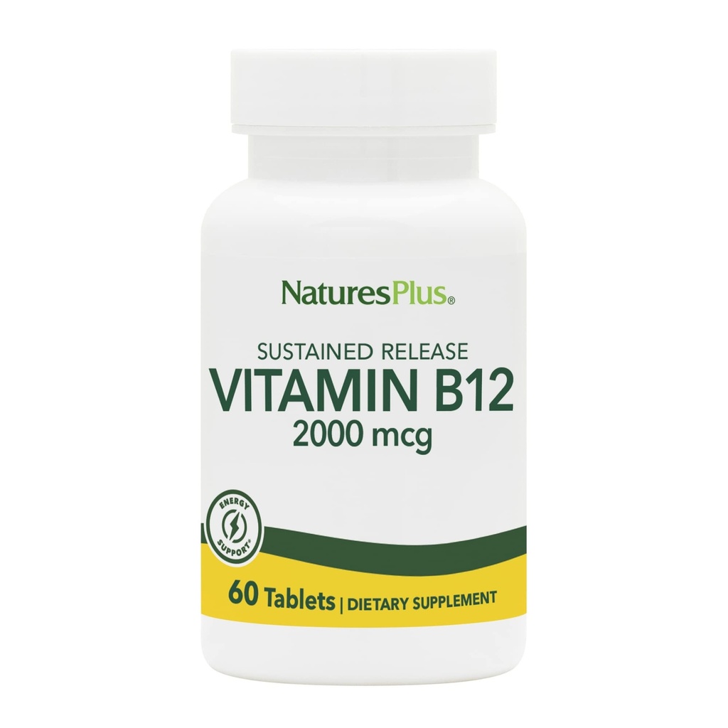 Natures Plus vitamin B12 (methylkobalamin), Setrvalá verze - 2000 mcg, 60 Vegetariánských tablet - High potency Red Blood Cell Support - Natural Energy Booster - Gluten- Free - 60 Služeb