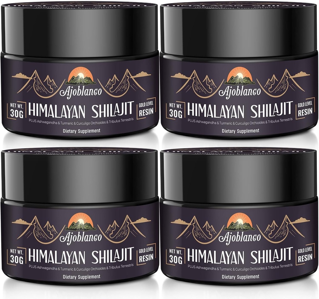 Ajoblanco 600mg přírodní himalájské organické Shilajit Resin - Himalájské zlaté Shilajit Resin s organickým Ayurvedic Blend ve vysoké potenci pro energii, sílu a imunitu, balení 4