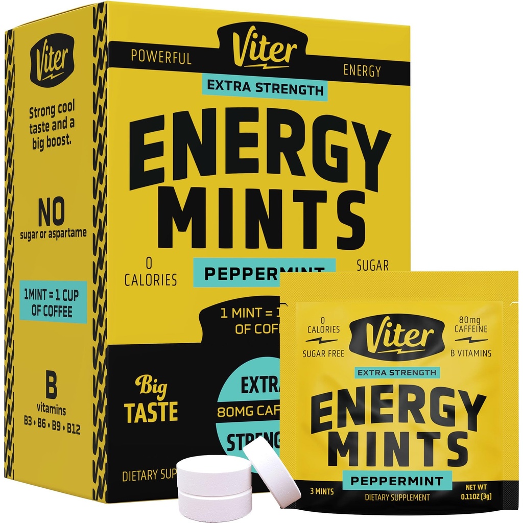 Viter Energy Caffeine Mints 80mg Extra Strength - 90 kusech Caffeinované s B vitaminy. Sugar Free Vegan Dech Mint. Energize nootropic Focus Booster pro rychlou pozornost (Pepermint Flavor, 30 Pack)