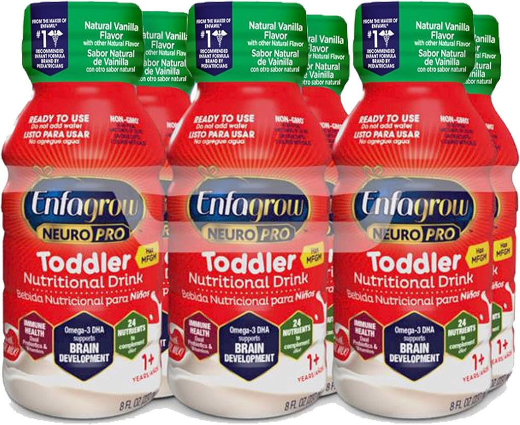 Enfagrow NeuroPro Toddler Nutritional Drink, Vanilla Flavor, Omega-3 DHA pro podporu mozku, Prebiotika a vitaminy pro imunitní zdraví, Ready- to- Use Lahve, 8 Fl Oz, 6 Počet