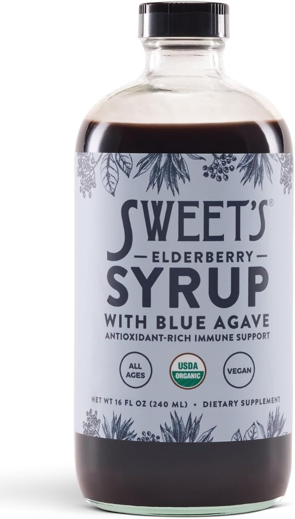 Elderberry Sirup s Blue Agave CLAS124; Imunitate Support CLAS124; USDA Organic Certified CLAS124; Non- GMO CLAS124; Vegan CLAS124; Gluten- Free (16 oz)