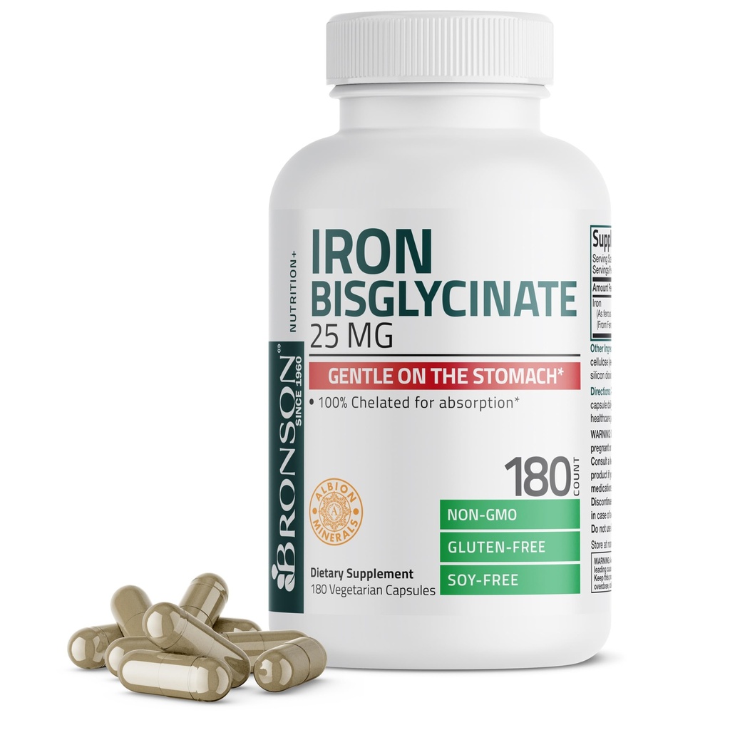 Bronson Iron Bisglycinate 25 mg Gentle on The Stomach, Podporuje výrobu energie a zdravé červené krvinky - non- constipating Formule - Non GMO, 180 Vegetariánské kapsle