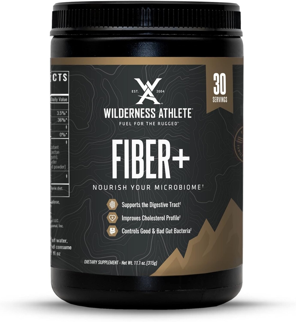 Wilderness atlete fiber + current 124; Rozpustný a nerozpustný doplněk pro vlákna pro ženy a muže - Prebiotický fiber prášek pro stravovací podporu - Denní nápoj Mix - Dietní prášek bez příchutí