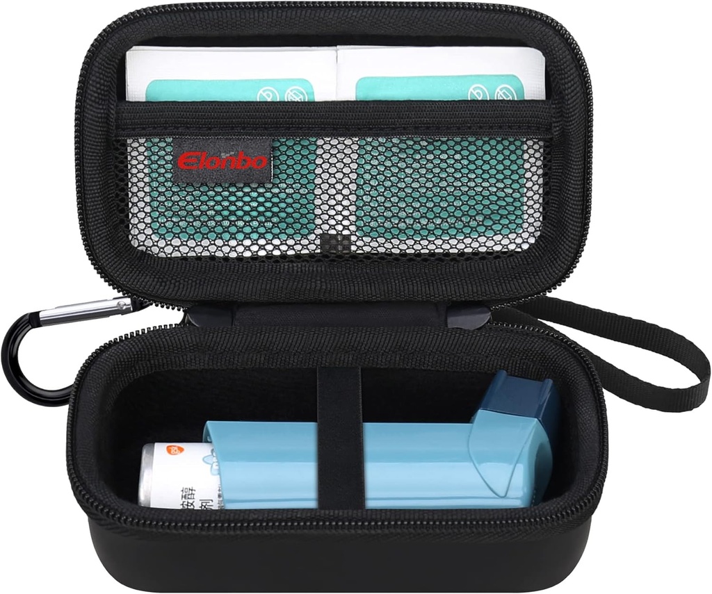 Elonbo Asthma Inhaler Carrying Case, Travel Organizovat Holder Bag pro Ventolin Inhaler, Extra interiér Mesh Pocket Fits Asthma Medication, Black + Inside Black (CASE POUZE! Inhaler Medicine není součástí balení)