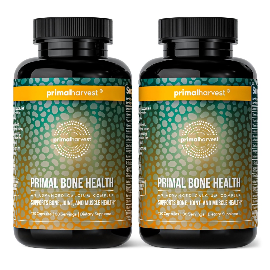 Primal Harvest 2 Pack, Primal Bone Health vápník karbonát kostní komplex pro muže a ženy s vápníkem, hořčík, zinek, mangan, draslík, & L- karnitin (240 Kapsle)