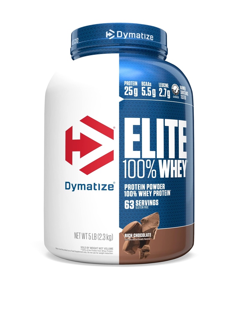 Dymatizujte Elite 100% syrovátkový protein prášek, 25g protein, 5.5g BCAA & 2.7 L-leucin, Rychlé Absorbování & Rychlé trávení pro optimální svalové zotavení, Bohatá čokoláda, 5 liber (63 Služeb)