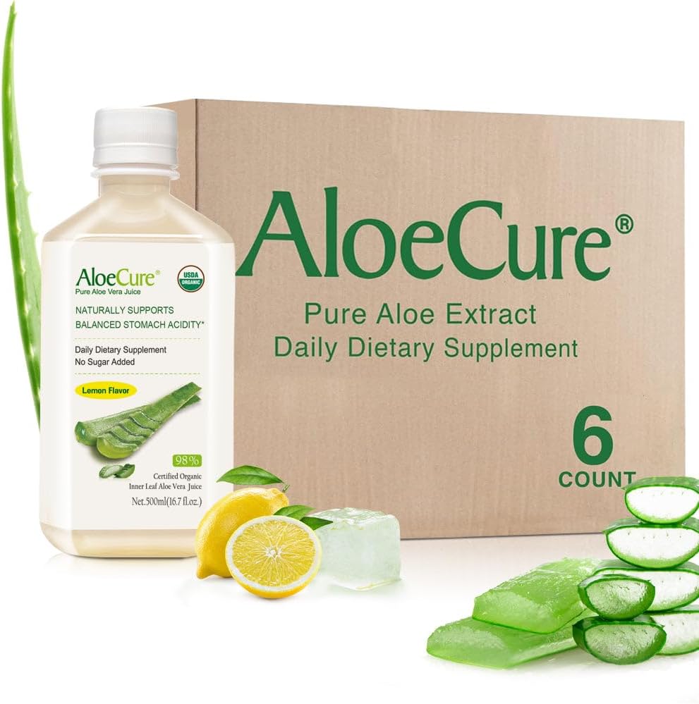 AloeCure USDA Organic Aloe Vera Juice Lemon Flavor - Vyrobeno do 12 hodin sklizně - Přírodní doplněk stravy pro vyváženou kyselost žaludku - Podpora trávicího a imunitního zdraví, 6 Btls x 16.7oz