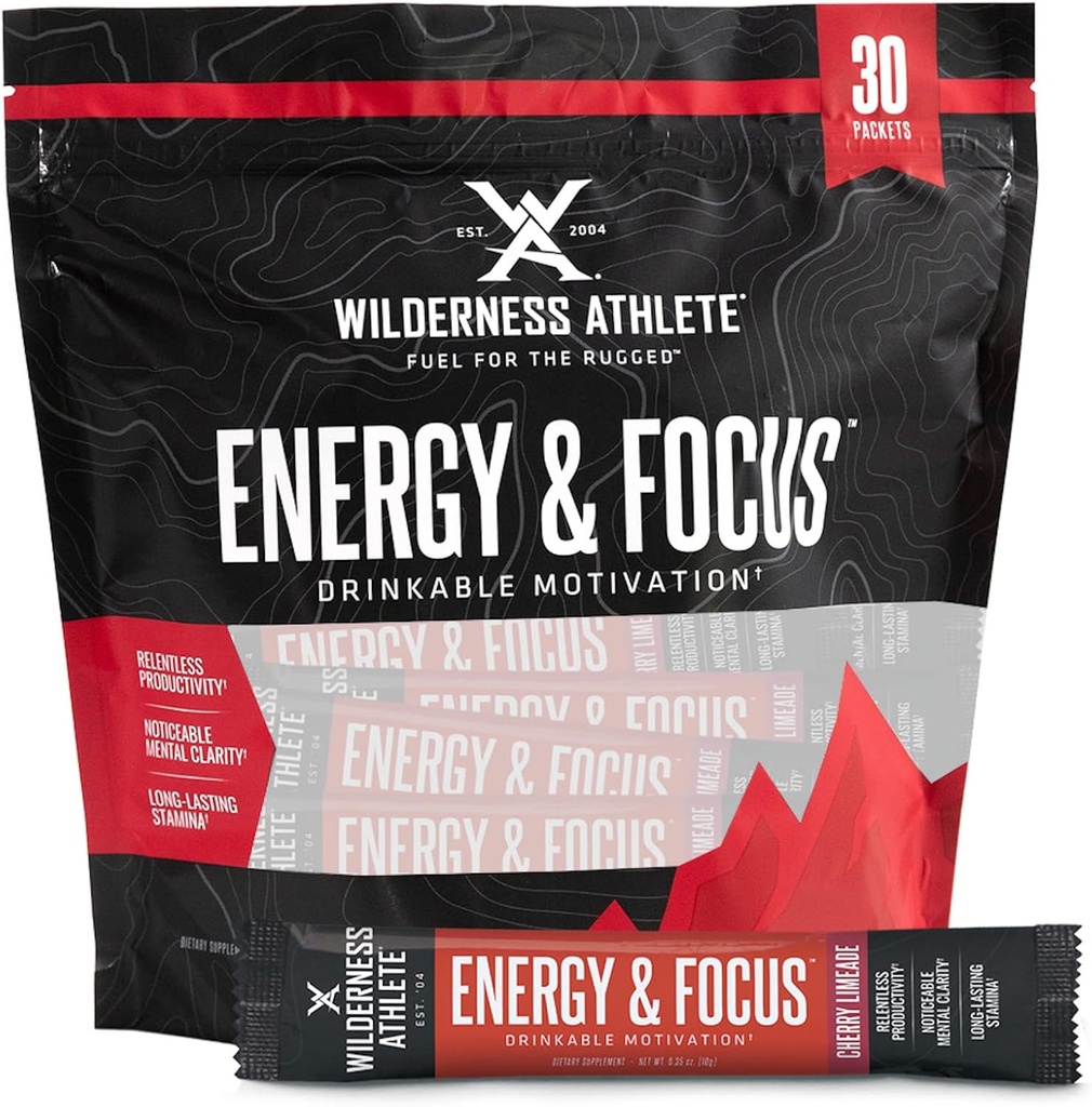 Wilderness Athlet - Energy & Focus Official 124; Energy Booster for Women & Men - Energy Drink Mix with Natural Caffeine - Low- Carb, Nulový cukr Energy Drink Powder - 30 Serving Energy Drink Packets (Cherry)