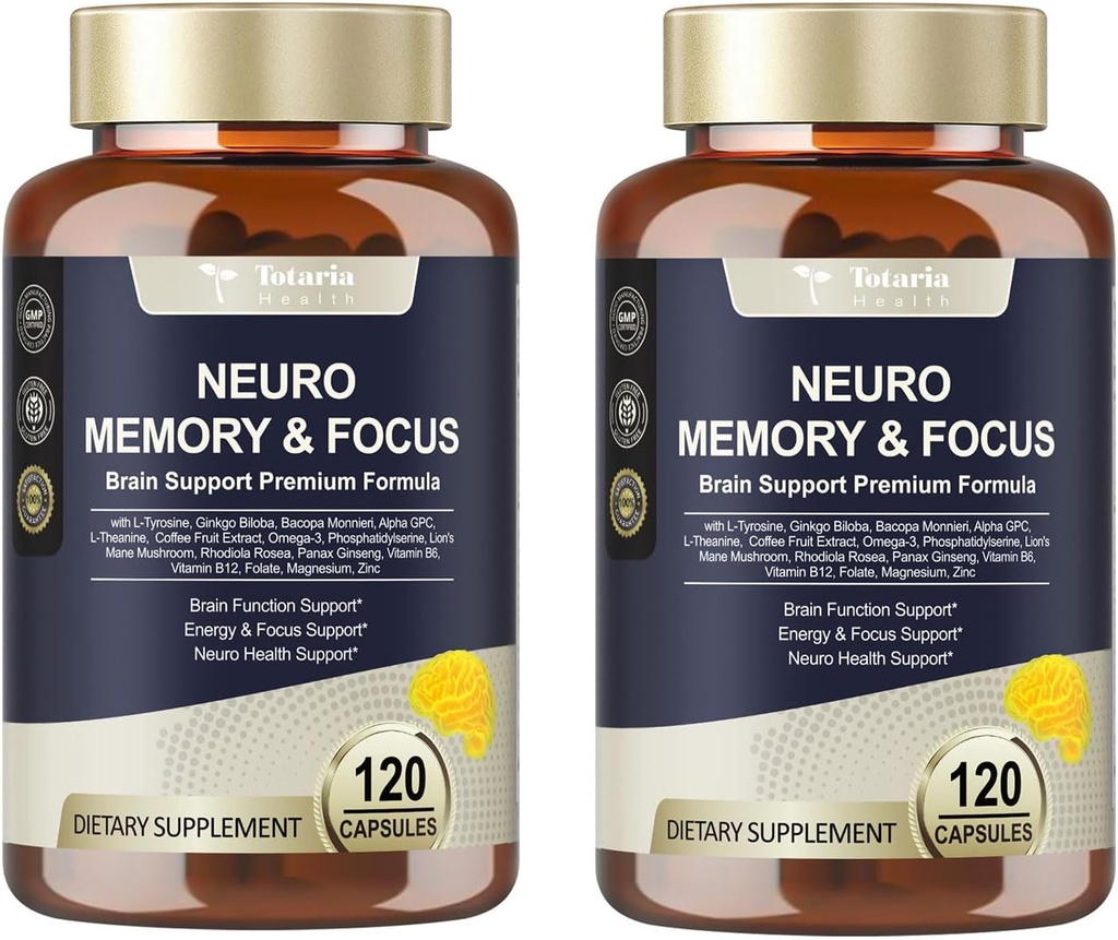 Totaria C- ognitive with Caffeine Pills, L- Tyrosin, Alpha GPC, Ginkgo Biloba, Bacopa Monnieri Brain Supplemente for Memory and Focus, Brain Nootropic Support - Non- GMO, Gluten Free (120 Counts)