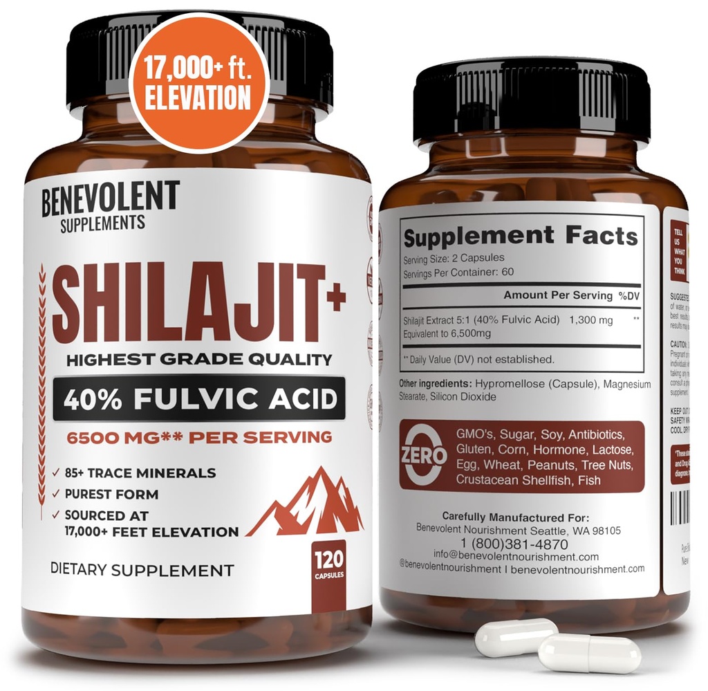 6500mg doplněk Shilajit s 40% Fulvic Acid (vysoká absorpce) 124; Shilajit Minerální dodatek s 85 + stopové minerály pro energii, výkon a imunitní zdraví - 120 Kapsle