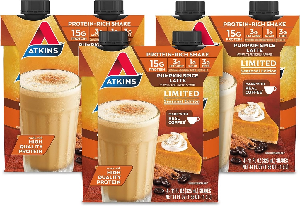 Atkins Pumpkin Spice Latte, 15g protein, 3g čisté sacharidy, 1g cukru, nízký glycemický, Keto Friendly, 12 Počet