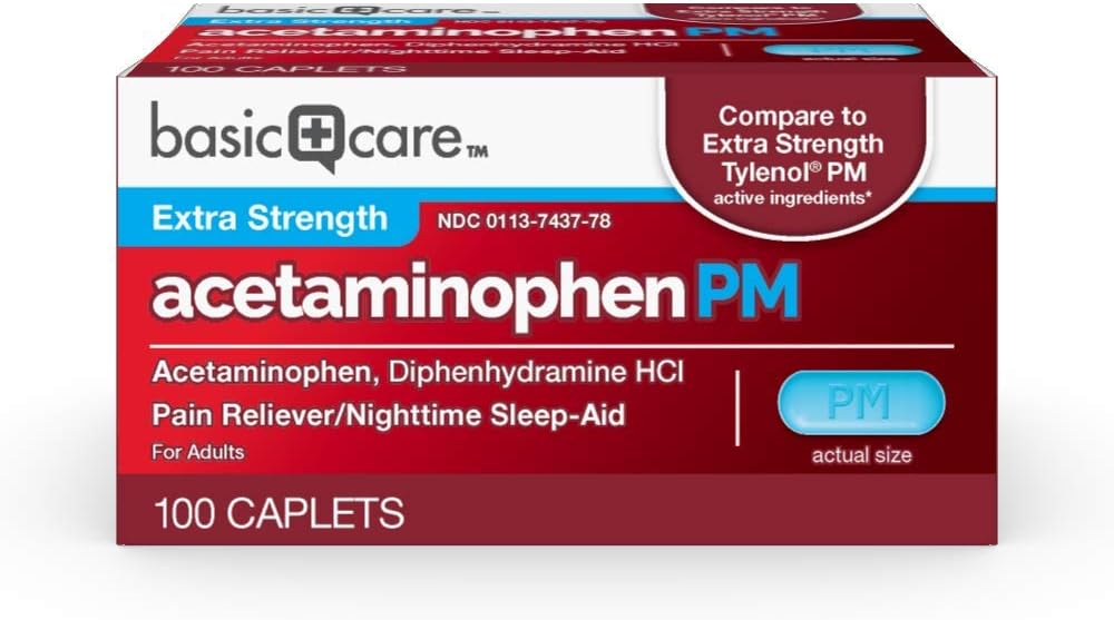 Basic Care Acetaminophen PM, Pain Reliever Plus noční pomoc při spaní Caplet, 100 Počet