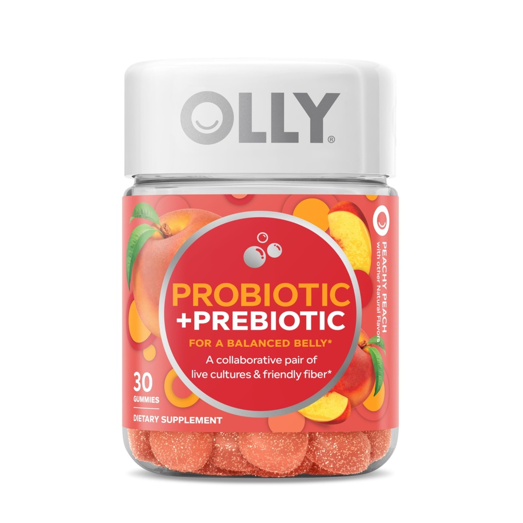 OLLY Probiotic + Prebiotic Gummy, 500 milionů CFU, FOS, dospělý Žvýkací doplněk pro muže a ženy, broskvový ochucený, 30 denní zásobování - 30 Počet