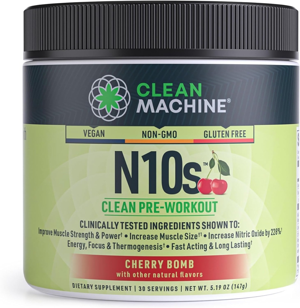 CLEAN MACHINE N10s Plant- Based Plant- Pre Workout Powder - Vegan Energy Supplement with 3 Clinically Tested Patented Ingredients for Muscle Size, Strength, Pump & Endurance - Non- GMO, 30 Služeb