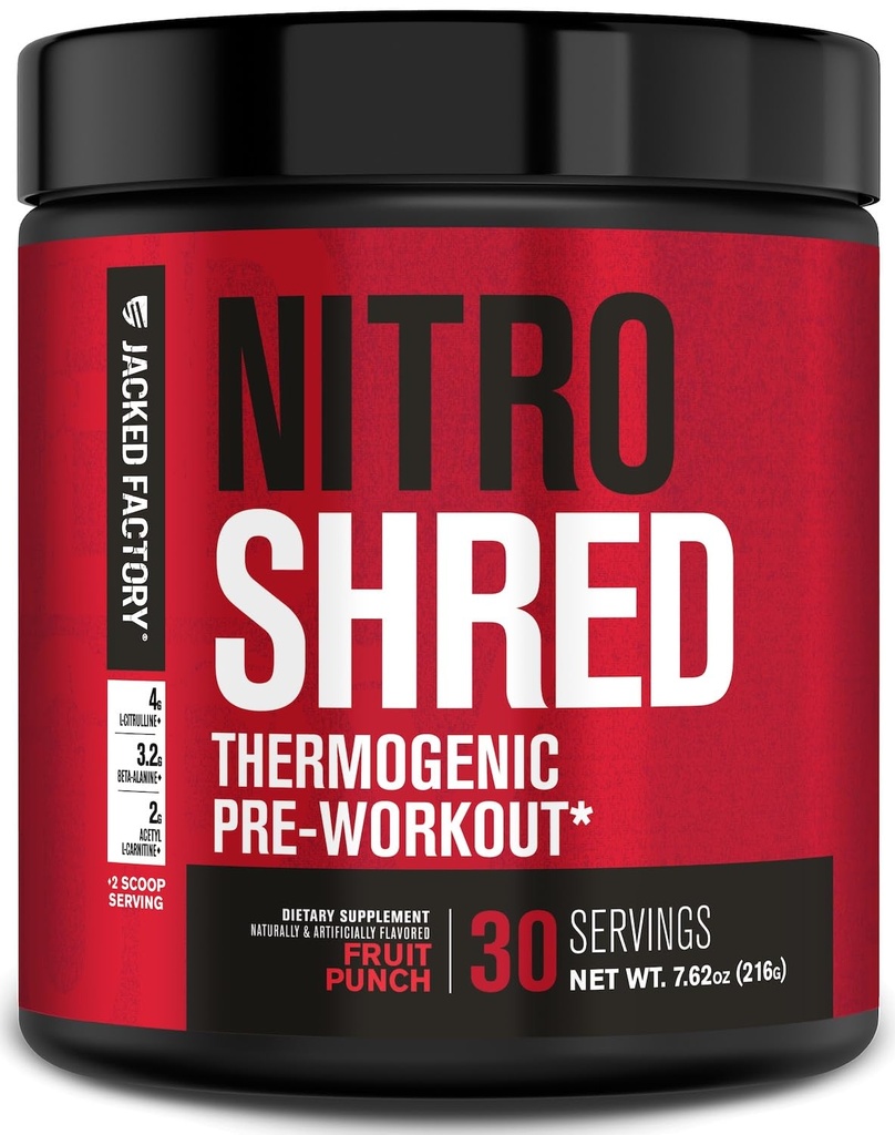Jacked Factory NITROSURGE Shred Pre Workout dodatek - Energy Booster, Instant Strength Gains, Sharp Focus, Výkonná čerpadla - Nitric Oxide Booster & PreWorkout Powder - 30Sv, Ovocný punč
