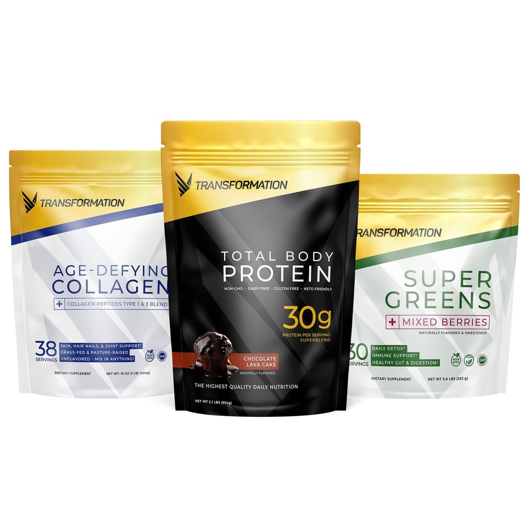 Transformace Chocolate Protein Powder 124; 30G Multi- Protein Supersměs + Grass- Fed Hydrolyzované kolagen Peptidy Powder- vlasy, kůže, nehty + organické Super Zelené Superfood Powder- Imunitation & Energy Support