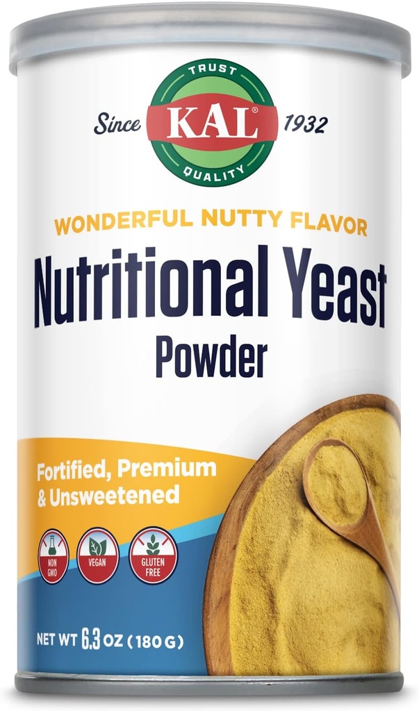 KAL Nutritional Yeast Powder, Fotified with B6, B12, Folic Acid and Other B Vitamins, Premium and Unslated, Great Nutty Flavor, Vegan, Gluten Free, Non- GMO, 60- Day Garance, 20 Servings, 6.3oz