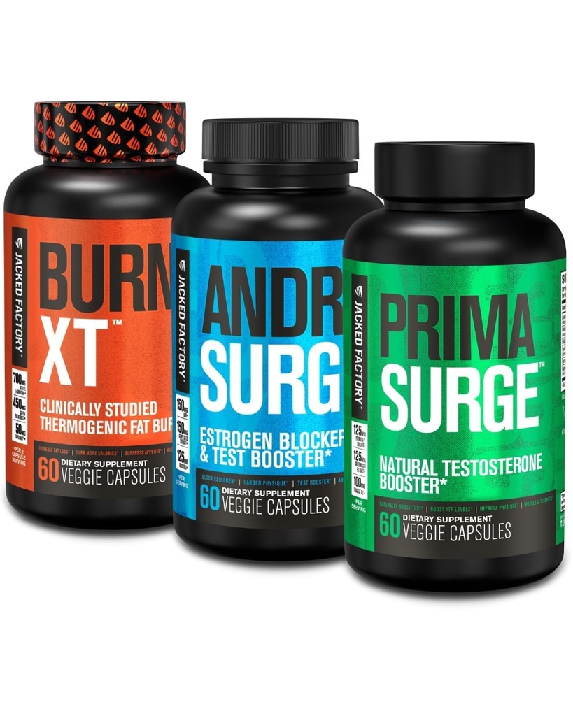 Jacked Factory Androrest Estrogen Blocker pro muže + Primasurge Testosteron Booster pro muže + Burn XT Burn-XT termogenní spalovač tuků - Suppressant pro hubnutí