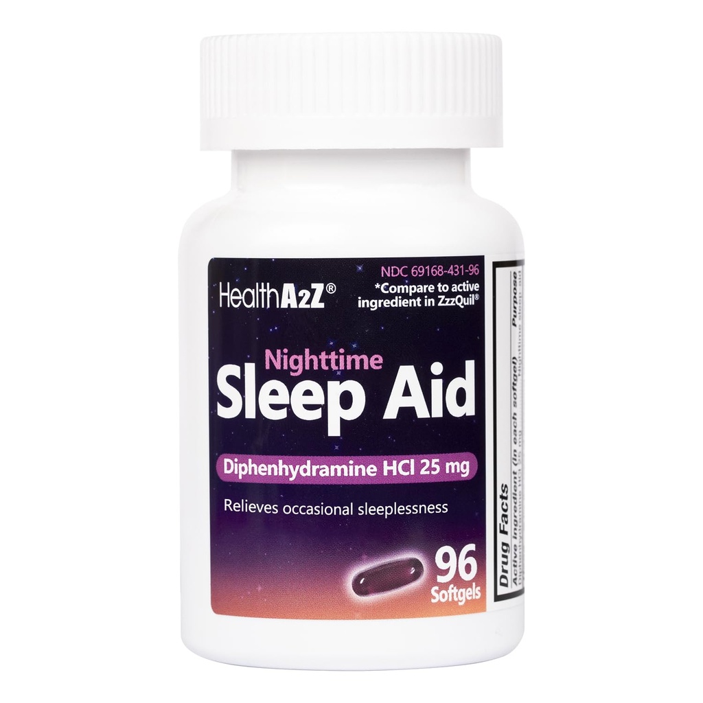 HealthA2Z Sleep Aid, Diphenhydramine HCl 25mg Softgels, podporuje hlubší, osvěžující spánek, non Habit- Forming (96 Softgels)