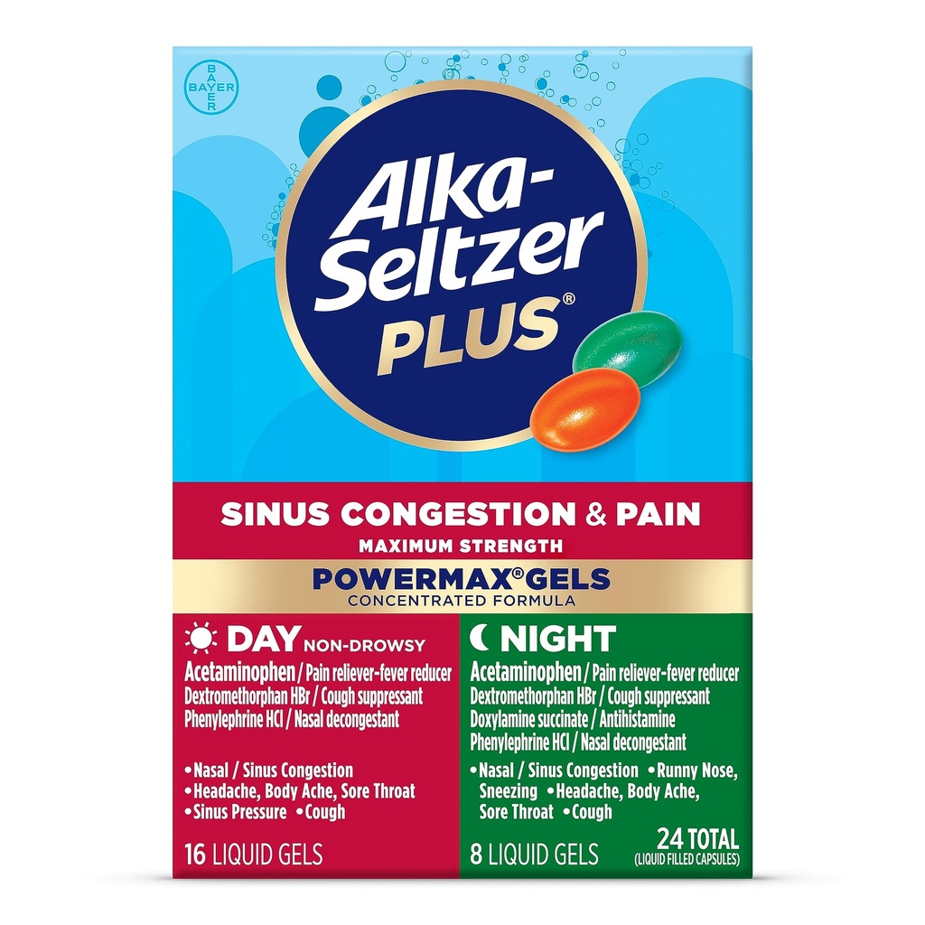 Alka- Seltzer Plus Maximální síla PowerMax Sinus Congestion & Pain Medicine, Day + Night Liquid Gels - Výkonná úleva pro chlad a chřipku, + Sinus Congestion pro dospělé a děti 12 + Roky, 24 Počet