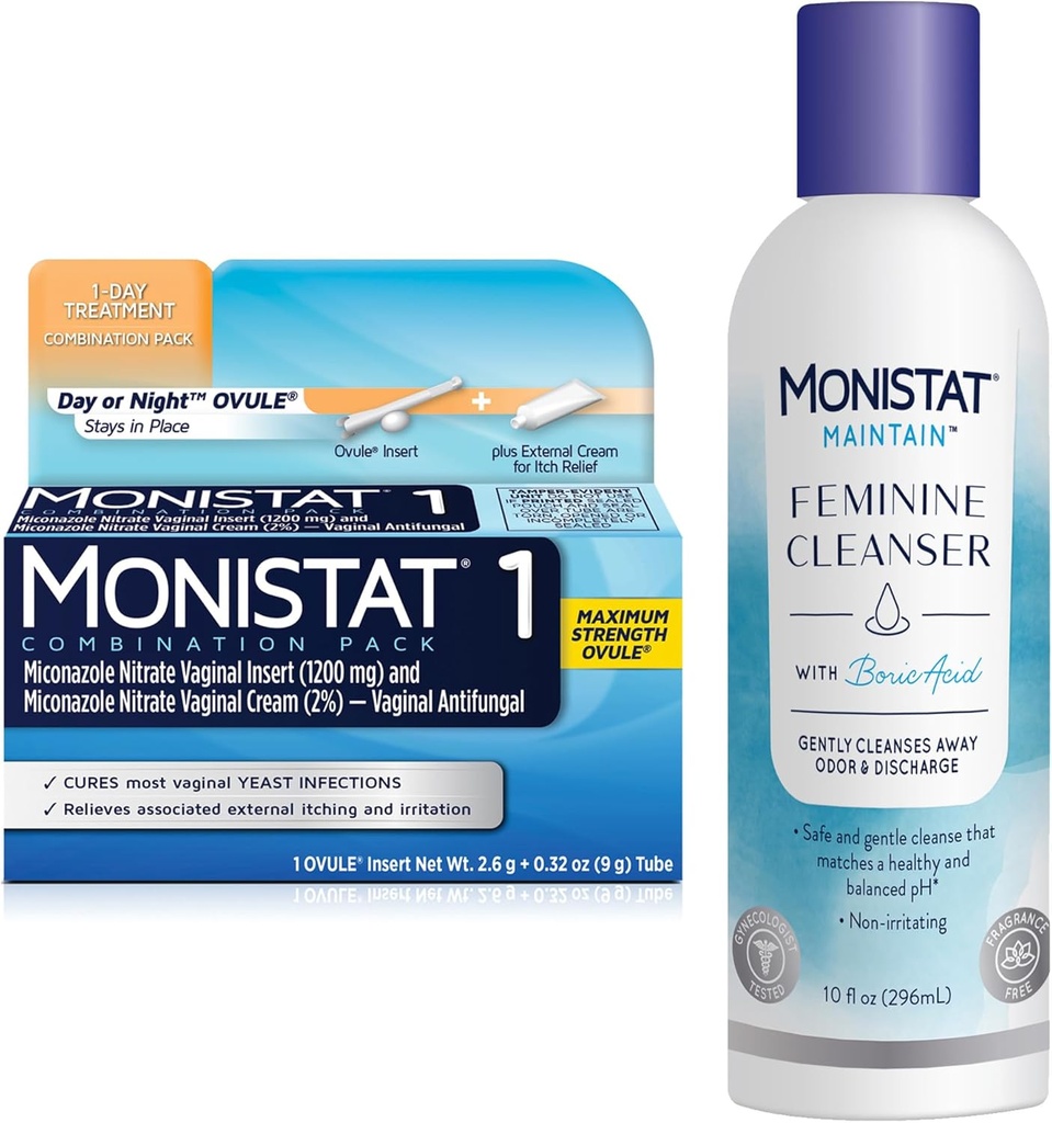 Monistat 1 den Yeast Infekce Léčba žen, 1 Miconazole Ovule Vložit & Externí Monistat Anti- Itch Cream Bundle + 10 fl oz Boric Acid Feminin Cleanser
