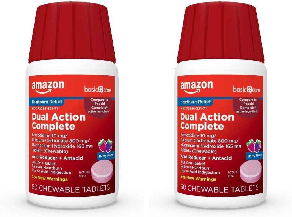 Základní péče Dual Action Kompletní, Žvýkací kyseliny Reducer Plus Antacida Tablety, Berry Flavor, Heartburn Medicine, Acid Indigestion Relief, 50 Počet (Balení po 2)