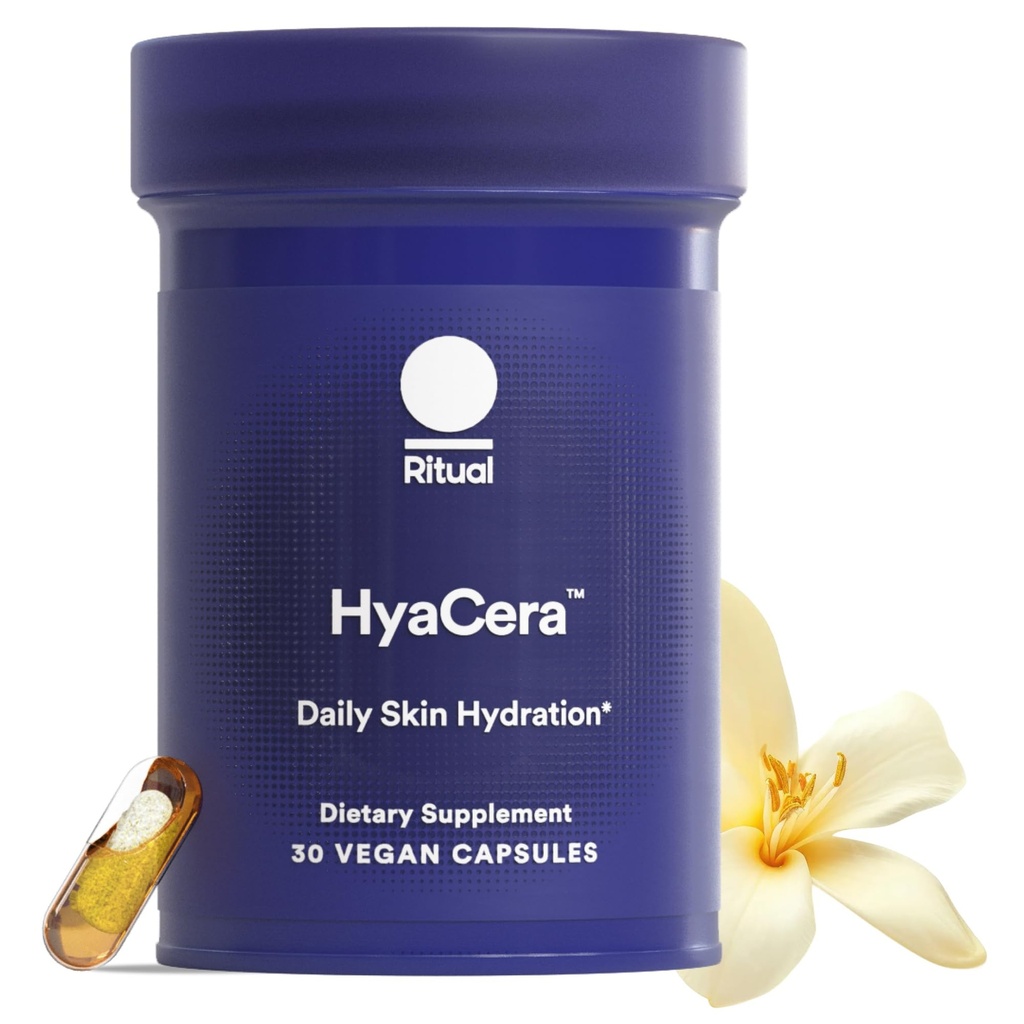 Rituál HyaCera Kožní dodatek pro podporu vrásek, s Hyabest ® a Ceratiq ® pro podporu hydratace kůže, Hyaluronic Acid, Glykolipidy, Ceramidy, Lepek zdarma, Non GMO, Vanilla Essence, 30 Day Supply