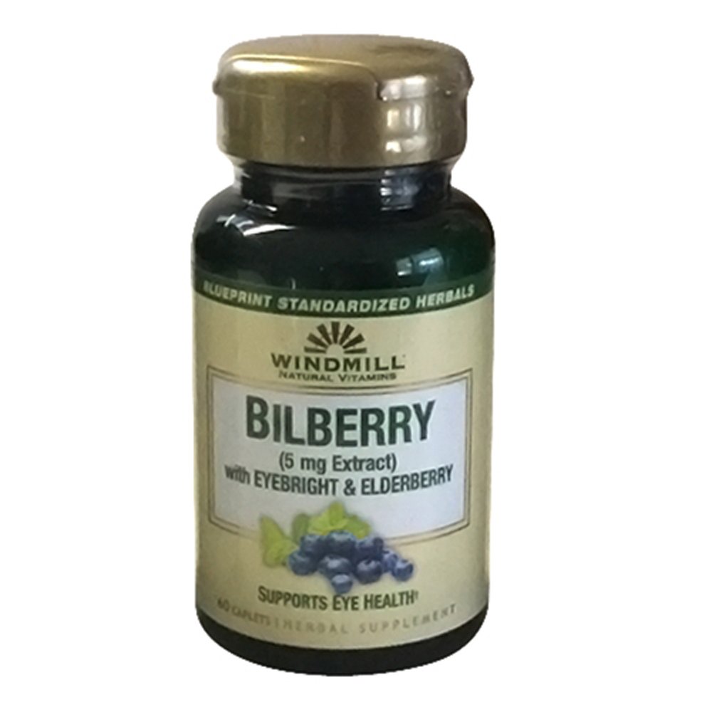 Větrný mlýn Bilberry 5 mg Extract Caplet, S Eyebright & Elderberry podporuje zdraví očí, 60 Ea