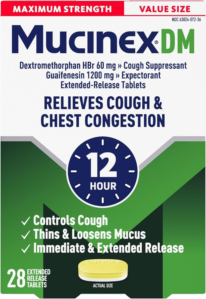 Mucinex Cough Conpressant and Expectorant, DM Maximální síla 12 hodinových tablet, 28ct, 1200 mg Guaifeesin, Relieves Chest Congestion, Quiets Wet and Dry Cough, # 1 Doporučené OTC Expectorant