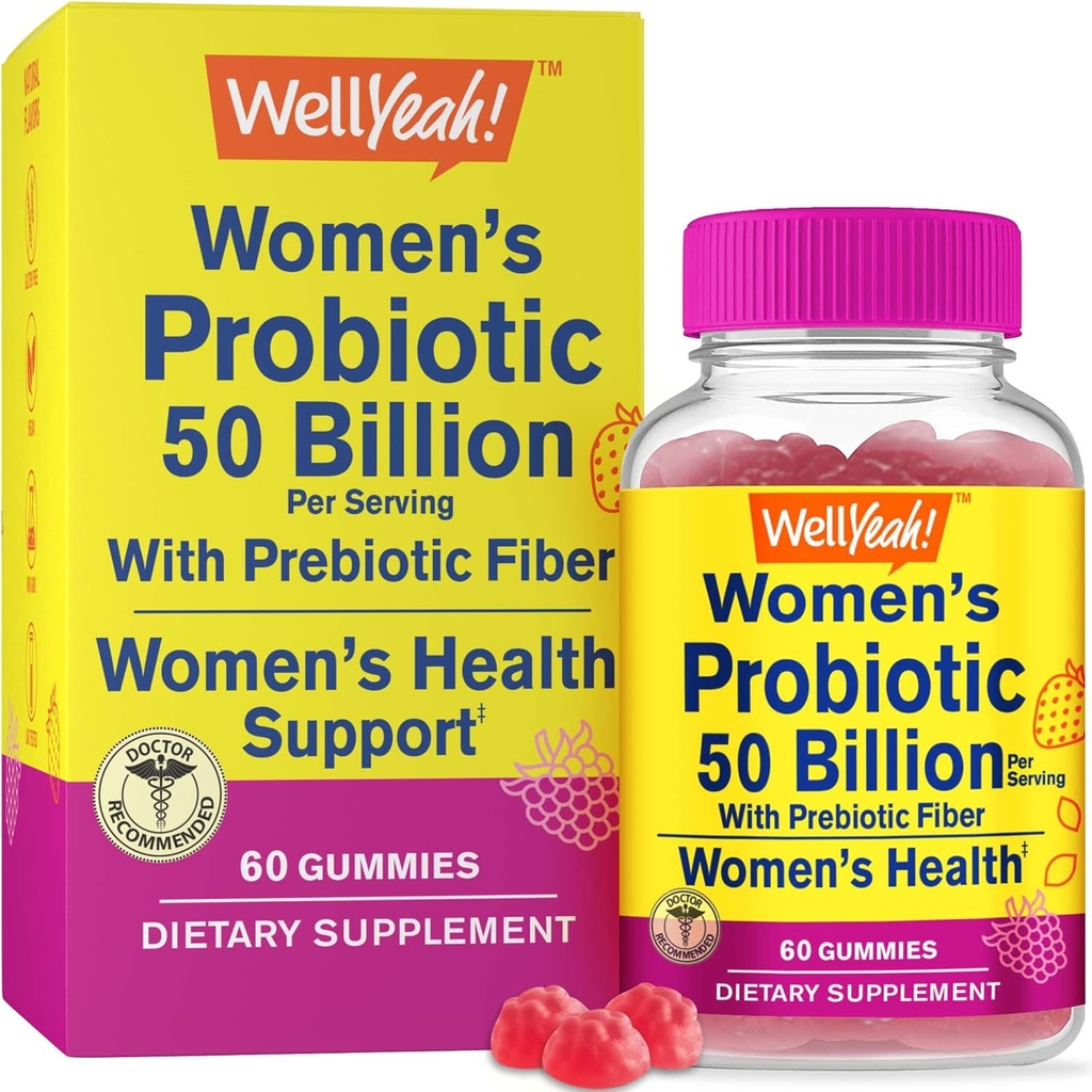 WellYeah Womens Probiotic 50 Milionů gumů 12 Kroužek - s prebiotickým vláknem pro stravovací - Vaginální, trávicí, imunitní Suport a Gut zdraví - Neskladovatelné Probiotické gumy - 60 Gumy